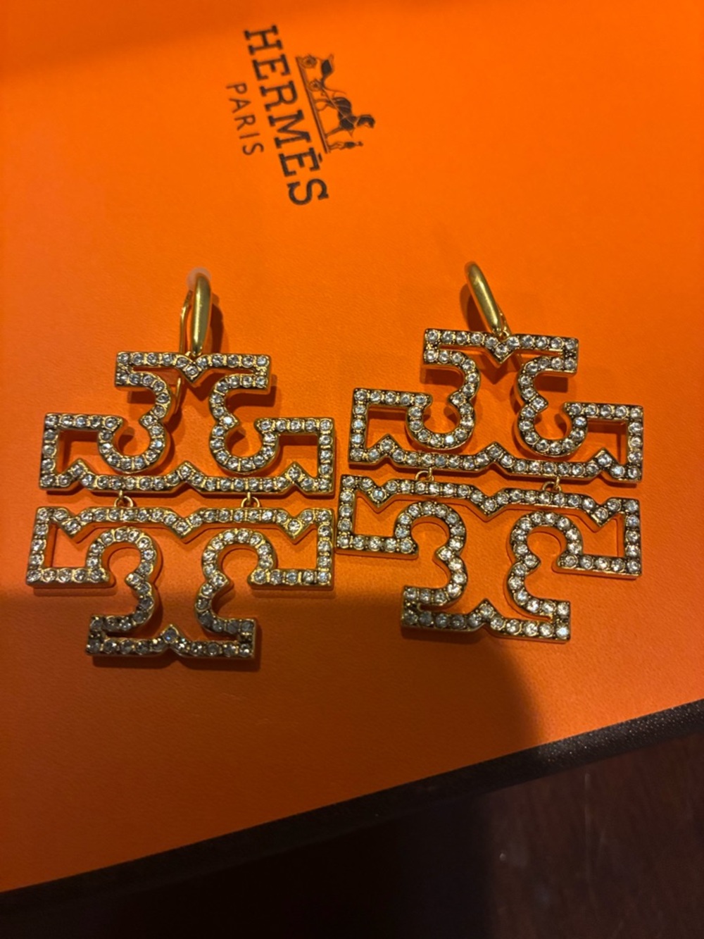 Tory Burch Gold Crystal Logo Drop Earrings